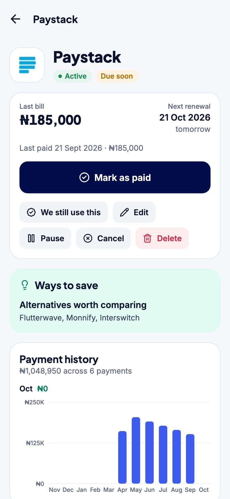 A subscription in the Surba app: last bill, next renewal and actions